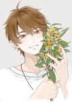  1boy :d absurdres ahoge bangs brown_eyes brown_hair flower grey_background grin highres holding holding_flower jewelry looking_at_viewer luke_pearce_(tears_of_themis) mjm_(user_afra8722) necklace rose shirt short_hair simple_background smile solo tears_of_themis teeth white_shirt yellow_flower yellow_rose 