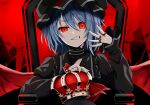  1girl absurdres bangs barbed_wire bat_wings black_headwear blue_hair chair crown crown_removed english_commentary fingernails grin hat highres holding holding_crown jewelry king_(vocaloid) long_fingernails long_sleeves looking_at_viewer mob_cap red_background red_eyes red_nails red_wings remilia_scarlet ring short_hair smile solo teru_(teru170) touhou upper_body vampire wings 