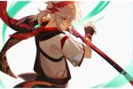  1boy bandaged_hand bandages bangs black_gloves english_commentary from_side genshin_impact gloves grey_hair hair_between_eyes highres holding holding_sword holding_weapon japanese_clothes jesse_(pixiv34586727) kaedehara_kazuha looking_at_viewer male_focus multicolored_hair parted_lips ponytail profile redhead simple_background solo streaked_hair sword upper_body vision_(genshin_impact) weapon 
