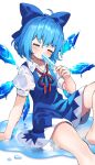  1girl absurdres blue_bow blue_dress blue_hair blush bow cirno closed_eyes collared_shirt commission detached_wings dress fairy food hair_between_eyes hair_bow highres holding holding_food ice ice_wings pinafore_dress pixiv_request popsicle puffy_short_sleeves puffy_sleeves shirt short_hair short_sleeves simple_background solo touhou white_background white_shirt wings yuujin_(yuzinn333) 