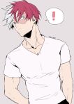  ! 1boy agehrak blue_eyes boku_no_hero_academia burn_scar dated grey_background grey_eyes heterochromia highres looking_at_viewer male_focus multicolored_hair redhead scar scar_on_face shirt simple_background solo split-color_hair spoken_exclamation_mark todoroki_shouto two-tone_hair upper_body v-neck white_hair white_shirt 