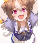  1girl :d animal_ears arms_up bangs blush bow bowtie brown_hair collarbone commentary_request copano_rickey_(umamusume) double_bun eyelashes fang hair_between_eyes hair_bun hair_ornament highres horse_ears horse_tail horseshoe_ornament long_hair looking_at_viewer multicolored_hair open_mouth outstretched_arms pink_eyes pleated_skirt puffy_short_sleeves puffy_sleeves purple_bow purple_bowtie purple_shirt sailor_collar sailor_shirt sarachi_(sara_dayluv) school_uniform shirt short_sleeves sidelocks skirt sleeve_cuffs smile solo standing streaked_hair tail tareme tassel tracen_school_uniform two-tone_hair umamusume upper_body white_background white_hair white_sailor_collar white_skirt 