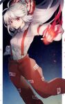  1girl arm_strap baggy_pants bangs bow collared_shirt commentary_request commission embers feet_out_of_frame fire fujiwara_no_mokou hair_bow highres long_hair long_sleeves looking_at_viewer ofuda ofuda_on_clothes open_mouth pants puffy_sleeves pyrokinesis red_bow red_eyes red_pants shirt signature skeb_commission solo suspenders tare_(tonikaku_magaru) touhou two-tone_bow white_bow white_hair white_shirt 