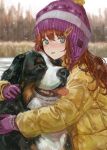  1girl absurdres blush closed_mouth coat dog down_jacket freckles gloves green_eyes highres jacket knit_hat long_hair long_sleeves looking_at_viewer original purple_gloves purple_headwear redhead sero3eta snow snowing solo tongue tongue_out yellow_coat 