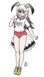  1girl acesrulez alternate_costume black-tailed_gull_(kemono_friends) black_hair blonde_hair blush buruma commentary_request finger_to_mouth full_body grey_hair gym_uniform hair_between_eyes kemono_friends loafers long_hair looking_at_viewer multicolored_hair name_tag red_buruma redhead shirt shoes short_sleeves solo t-shirt translation_request white_hair white_shirt yellow_eyes yellow_footwear 