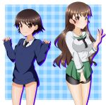  2girls alternate_hairstyle bad_id bad_twitter_id bangs bike_shorts_under_skirt black_necktie black_ribbon blue_background blue_sweater blush brown_eyes brown_hair closed_mouth commentary cosplay costume_switch dress_shirt frown hair_down hair_ornament hair_ribbon hairclip highres isobe_noriko long_hair long_sleeves looking_at_viewer multiple_girls necktie no_pants ooarai_school_uniform original plaid plaid_background ribbon rukuriri_(girls_und_panzer) school_uniform shirt short_hair silhouette skirt skirt_tug sleeves_past_wrists smile st._gloriana&#039;s_school_uniform standing sweater tanutika v-neck w_arms waving white_shirt wing_collar 