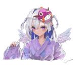 1girl absurdres amane_kanata angel_wings blue_hair colored_inner_hair grey_hair highres hololive mask mask_on_head multicolored_hair purple_robe robe signature sleeves_past_wrists solo two-tone_hair two_side_up upper_body violet_eyes virtual_youtuber wings yo_na 