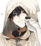  1boy arm_armor armor black_hair blue_eyes blush charlemagne_(fate) cloak commentary_request fate/extella fate/extella_link fate/extra fate/grand_order fate_(series) hair_between_eyes highres hood hooded_cloak looking_at_viewer male_focus multicolored_hair short_hair simple_background smile solo teeth two-tone_hair ugokanaip white_background white_hair 