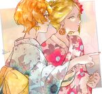  2others :d alternate_costume alternate_hairstyle androgynous artist_name bangs blonde_hair bow closed_mouth colored_eyelashes earrings floral_print flower from_side hair_bun hair_ornament highres houseki_no_kuni japanese_clothes jewelry kimono light_smile long_sleeves multiple_others nail_polish orange_eyes orange_hair orange_nails other_focus parted_bangs pink_kimono pointing print_kimono rokipanda sash shiny shiny_hair short_hair sidelocks signature smile traditional_clothes upper_body wavy_hair wide_sleeves yellow_bow yellow_diamond_(houseki_no_kuni) yellow_eyes yellow_nails yukata zircon_(houseki_no_kuni) 