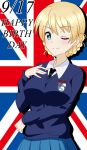  1girl absurdres bad_id bad_pixiv_id bangs black_necktie blonde_hair blue_eyes blue_skirt blue_sweater braid closed_mouth commentary darjeeling_(girls_und_panzer) dated dress_shirt emblem english_text flag_background girls_und_panzer hand_on_own_chest happy_birthday highres long_sleeves looking_at_viewer necktie one_eye_closed pleated_skirt school_uniform shadow shirt short_hair skirt smile solo st._gloriana&#039;s_(emblem) st._gloriana&#039;s_school_uniform sweater tanutika twin_braids union_jack v-neck white_shirt wing_collar 