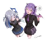  2girls :3 absurdres amane_kanata angel_wings arms_behind_back blue_hair braid colored_inner_hair commentary_request demon_girl demon_horns demon_tail demon_wings green_eyes grey_hair hair_ornament hairclip half-closed_eyes halo highres hololive horns miniskirt multicolored_hair multiple_girls necktie pleated_skirt pointy_ears purple_hair purple_necktie signature skirt spoken_squiggle squiggle star_halo streaked_hair tail tokoyami_towa twin_braids two-tone_hair two_side_up virtual_youtuber wings yo_na 