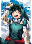  1boy absurdres arm_up belt bodysuit boku_no_hero_academia border closed_eyes clouds commentary_request day facing_viewer freckles gloves green_bodysuit green_hair happy_birthday highres hood hood_up kai2_ly male_focus midoriya_izuku open_mouth outside_border red_belt short_hair signature sitting smile solo white_border white_gloves 