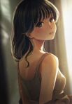  1girl back backlighting bare_shoulders black_eyes black_hair blurry blurry_background blush breasts grey_tank_top highres light_particles lips looking_at_viewer looking_back medium_breasts medium_hair original parted_lips tank_top tsujin_bohboh upper_body 