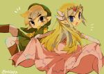  1boy 1girl artist_name back belt blonde_hair blue_eyes blush closed_mouth commentary_request curtsey dress floating_hair full_body gloves jewelry link long_dress long_hair looking_up multicolored_hair multiple_persona necklace open_mouth pink_dress princess_zelda skirt_hold the_legend_of_zelda the_legend_of_zelda:_spirit_tracks the_legend_of_zelda:_the_wind_waker tiara tokuura toon_link toon_zelda 