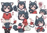  +_+ 1girl :d ^_^ animal_collar animal_ear_fluff animal_ears animal_hands ball bangs black_eyes black_gloves black_hair black_pantyhose blue_collar blush bow bowtie cat_ears cat_girl cat_tail cat_teaser closed_eyes collar drooling empty_eyes extra_ears fang fangs flying_sweatdrops frown fume gloves grey_shorts hands_on_lap highres kaban_(kemono_friends) kemono_friends kemonomimi_mode legwear_under_shorts looking_at_viewer multiple_views nekonyan_(inaba31415) no_headwear open_mouth pantyhose paw_gloves paw_shoes purple_collar red_bow red_bowtie red_shirt saliva shirt short_hair short_sleeves shorts sitting smile sparkling_eyes speech_bubble standing sweatdrop t-shirt tail tail_bow tail_ornament translated v_arms wavy_mouth 