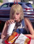  1girl artist_name blonde_hair burger car chainsaw_man commentary drinking english_commentary eyelashes food french_fries ground_vehicle headphones headphones_around_neck highres horns long_hair motor_vehicle power_(chainsaw_man) red_eyes red_horns soda solo urfacemyaz_arts 