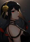  1girl bare_shoulders black_dress black_hair commentary dress hairband highres long_hair petals red_eyes red_lips rose_petals sasoura sidelocks solo spy_x_family symbol-only_commentary yellow_hairband yor_briar 