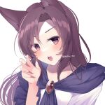  1girl :o animal_ears aoko_(myut7287) artist_name bangs brown_hair dress fingernails highres imaizumi_kagerou long_hair looking_at_viewer nail_polish open_mouth red_eyes red_nails sharp_fingernails simple_background solo touhou white_background white_dress wolf_ears wolf_girl 