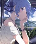  1girl absurdres blue_eyes blue_hair bra_strap casual clouds earrings hair_ribbon highres hololive hoshimachi_suisei jewelry kire_(hayagu) looking_at_viewer looking_to_the_side medium_hair off_shoulder ribbon shirt sky solo star_(symbol) star_earrings upper_body virtual_youtuber 