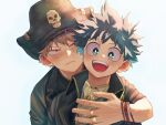  2boys :d ascot bakugou_katsuki blonde_hair blush boku_no_hero_academia bracelet collared_jacket commentary dot_nose freckles green_eyes green_hair happy hat highres hug hug_from_behind jewelry looking_at_viewer male_focus midoriya_izuku multiple_boys official_alternate_costume open_mouth parted_lips pirate pirate_hat red_eyes ring sanpaku short_hair simple_background skull_print smile spiky_hair symbol-only_commentary teeth tricorne uni_ssansyo upper_body upper_teeth v-shaped_eyebrows white_ascot white_background 