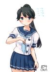  1girl artist_name black_hair blue_eyes blue_neckerchief blue_sailor_collar blue_skirt commentary_request cosplay dated etorofu_(kancolle) etorofu_(kancolle)_(cosplay) flying_sweatdrops highres houshou_(kancolle) kantai_collection long_hair looking_at_viewer neckerchief one-hour_drawing_challenge owa_(ishtail) pleated_skirt sailor_collar school_uniform serafuku short_sleeves simple_background skirt smile solo white_background 