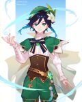  1boy bangs beret black_hair blue_hair bow braid cape closed_mouth commission english_commentary feathers flower genshin_impact green_eyes green_headwear hair_between_eyes hat hat_flower highres jesse_(pixiv34586727) long_sleeves looking_at_viewer male_focus multicolored_hair simple_background solo twin_braids venti_(genshin_impact) vision_(genshin_impact) white_flower 