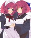  2girls :o apron bangs black_dress black_kimono blue_bow blue_eyes blush bow closed_mouth commentary_request dress hair_between_eyes hair_bow half_updo highres hisui_(tsukihime) holding_hands japanese_clothes juliet_sleeves kimono kohaku_(tsukihime) long_sleeves looking_at_viewer maid maid_apron maid_headdress multiple_girls neck_ribbon puffy_sleeves red_ribbon redhead ribbon short_hair siblings sisters smile tsukihime twins uxco0 wa_maid white_apron white_background wide_sleeves yellow_eyes 
