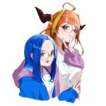  2girls absurdres ahoge arm_around_neck artist_self-insert blue_eyes blue_hair breasts dragon_horns eyebrows_hidden_by_hair fang forehead glasses height_difference highres hololive horns kiryu_coco large_breasts medium_breasts multicolored_hair multiple_girls orange_hair original pointy_ears red_eyes skin_fang streaked_hair tongue tongue_out two-tone_hair v yo_na 