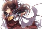  1girl absurdres ascot bangs bow brown_eyes brown_hair closed_mouth detached_sleeves hair_bow hair_tubes hakurei_reimu highres looking_at_viewer medium_hair red_bow red_shirt red_skirt shirt sidelocks simple_background skirt smile solo tangusuten touhou white_background wide_sleeves yellow_ascot 