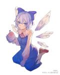  1girl absurdres blue_bow blue_dress blue_eyes blue_hair blush bow bowl buttons cirno collared_shirt commentary copyright dress full_body hair_bow highres holding holding_bowl ice ice_wings loafers long_sleeves looking_at_viewer mouth_hold neck_ribbon red_footwear red_ribbon ribbon shaved_ice shirt shoes short_hair simple_background solo spoon symbol-only_commentary touhou utensil_in_mouth white_background white_shirt wings yangsan_(2991076090) 