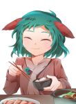  1girl :t bowl chopsticks closed_eyes closed_mouth collarbone eating facing_viewer food food_on_face green_hair highres holding holding_bowl holding_chopsticks holding_towel izha_(seisfleur) kasodani_kyouko long_sleeves plate short_hair simple_background solo touhou towel white_background 