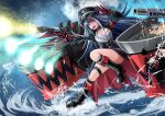  1girl :d armband azur_lane black_footwear black_hair blue_eyes boots cannon commentary_request cross cross-laced_footwear deutschland_(azur_lane) full_body gun highres iron_cross kakato mechanical_hands multicolored_hair ocean open_mouth outdoors platform_boots redhead rigging sharp_teeth smile solo standing standing_on_liquid streaked_hair teeth thigh_boots water waves weapon white_hair 