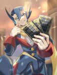 1boy arm_support blue_eyes blue_footwear blue_hair buttons card grimsley_(pokemon) highres holding holding_card long_sleeves male_focus mochiko_(mochi373pk) pokemon pokemon_(game) pokemon_bw scarf sitting smile solo teeth twitter_username 