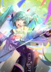  1girl :d absurdres aqua_hair blue_eyes floating_hair hatsune_miku highres kouhiipan leaning_forward long_hair long_sleeves looking_at_viewer open_mouth racing_miku racing_miku_(2022) single_thighhigh smile solo thigh-highs twintails very_long_hair vocaloid 