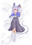  1girl absurdres alternate_hair_color animal_ears bangs blue_capelet blush breasts capelet commentary_request commission crystal dakimakura_(medium) full_body ginger_ale_(syouga_6383) grey_skirt grey_vest highres jewelry layered_clothes long_sleeves looking_at_viewer mouse_ears mouse_girl mouse_tail nazrin open_mouth pendant purple_hair red_eyes shirt short_hair skeb_commission skirt skirt_set small_breasts socks solo tail touhou vest white_capelet white_shirt white_socks 