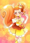  1girl absurdres boots brown_eyes brown_hair choker collarbone cure_custard dress earrings elbow_gloves gloves hairband high_ponytail highres jewelry kirakira_precure_a_la_mode knee_boots layered_dress lens_flare long_hair mitsuki_tayura orange_choker pleated_dress precure short_dress side_ponytail solo white_gloves yellow_background yellow_dress yellow_footwear yellow_hairband 