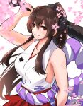  1girl absurdres breasts brown_hair cherry_blossoms club_(weapon) cosplay flower hair_flower hair_intakes hair_ornament headgear highres holding holding_weapon japanese_clothes kanabou kantai_collection kimono large_breasts lingerie_(aki3240) long_hair namesake one-hour_drawing_challenge one_piece ponytail red_eyes rope shimenawa sidelocks sleeveless sleeveless_kimono smile solo weapon white_kimono yamato_(kancolle) yamato_(one_piece) yamato_(one_piece)_(cosplay) 