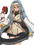 1girl bike_shorts_under_skirt black_skirt blonde_hair blue_coat blue_eyes bridget_(guilty_gear) coat drawstring guilty_gear guilty_gear_strive habit hair_between_eyes highres hood hood_up hooded_coat medium_hair open_clothes open_coat posty_postino skirt solo standing transgender unzipped white_background yo-yo zipper_pull_tab