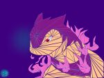  blazeing_crab commentary english_commentary fire highres hisuian_typhlosion looking_down no_humans pink_fire pokemon pokemon_(creature) purple_background purple_fur red_eyes self_upload signature simple_background solo yellow_fur 