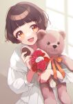  1girl bouquet brown_hair commission dress english_text flower highres indoors kamogawa_akira looking_at_viewer mother&#039;s_day orange_eyes original short_hair skeb_commission smile solo stuffed_animal stuffed_toy sunlight teddy_bear upper_body white_dress 