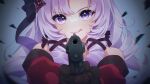  1girl :q aiming aiming_at_viewer bangs bare_shoulders black_gloves blush closed_mouth commentary dress drill_hair english_commentary eyelashes gem gloves gun hair_ornament hair_ribbon hako_sketch handgun hands_up highres holding holding_gun holding_weapon hyakumantenbara_salome long_hair looking_at_viewer nijisanji off-shoulder_dress off_shoulder parted_bangs portrait purple_hair purple_ribbon red_dress ribbon sidelocks smile solo star_(symbol) star_in_eye symbol_in_eye tongue tongue_out upper_body violet_eyes virtual_youtuber weapon 