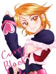 1girl bangs black_capelet black_gloves black_sleeves blonde_hair capelet character_name closed_mouth covered_navel cure_black detached_sleeves earrings fingerless_gloves frilled_capelet frilled_sleeves frills fujisaki_star futari_wa_precure futari_wa_precure_max_heart gloves heart heart_earrings jewelry long_sleeves looking_at_viewer misumi_nagisa orange_eyes precure shiny shiny_hair short_hair sketch smile solo swept_bangs