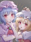  2girls ascot blonde_hair blue_hair blush brooch flandre_scarlet hand_on_another&#039;s_face hat highres ice_cream_(aisu_aisu_9898) jewelry mob_cap multiple_girls puffy_sleeves red_ascot red_eyes remilia_scarlet short_sleeves siblings sisters touhou upper_body 