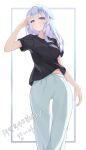  1girl absurdres black_shirt blush character_request copyright_request feet_out_of_frame grey_hair grin hair_ornament hairclip highres korean_text long_hair looking_at_viewer okey pants salute shirt smile solo sweatpants t-shirt white_pants x_hair_ornament 