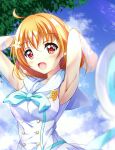  1girl armpits bangs birthday blue_sky blush breasts clouds cloudy_sky collarbone commentary flower hair_flower hair_ornament looking_at_viewer love_live! love_live!_sunshine!! medium_breasts orange_hair red_eyes shiny shiny_hair short_hair sidelocks sky smile solo takami_chika tree upper_body yangus_(2143077) 