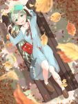  1girl alternate_costume aqua_eyes aqua_hair autumn_leaves bag bangs bench blush bow bowtie commentary_request dress full_body hatsune_miku highres holding holding_phone leaf long_hair lying maple_leaf on_back open_mouth outdoors phone shoes shoulder_bag smile twintails vocaloid yukichi_(yu-ame) 