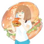  +_+ 1girl aqua_eyes aqua_shorts bangs brown_hair burger commentary_request fishofthelakes food food_awe food_focus highres holding holding_food open_mouth original saliva shirt short_sleeves shorts simple_background solo white_background white_shirt yellow_pupils 