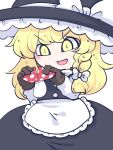  1girl apron black_dress black_headwear blonde_hair blush_stickers bow braid brown_gloves dress food fried_rice0614 gloves hat hat_bow highres holding holding_food kirisame_marisa long_hair long_sleeves mushroom one-hour_drawing_challenge open_mouth simple_background single_braid smile solo touhou waist_apron white_apron white_background white_bow witch_hat yellow_eyes 