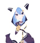  1girl animal_hood bangs black_choker blending blue_eyes blue_hair bow bowtie cat_hood choker closed_mouth earrings hair_between_eyes highres hololive hood hood_up hooded_jacket hoshimachi_suisei hyuni_(hyunicat) jacket jewelry long_sleeves looking_at_viewer no_lineart official_alternate_costume open_clothes open_jacket pearl_earrings pleated_skirt purple_sailor_collar purple_skirt sailor_collar skirt solo split_mouth star_(symbol) star_in_eye symbol_in_eye virtual_youtuber white_background yellow_bow yellow_bowtie 