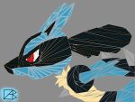  black_fur blazeing_crab blue_fur commentary english_commentary from_side grey_background highres lucario pokemon pokemon_(creature) profile red_eyes running self_upload signature simple_background solo spikes yellow_fur 